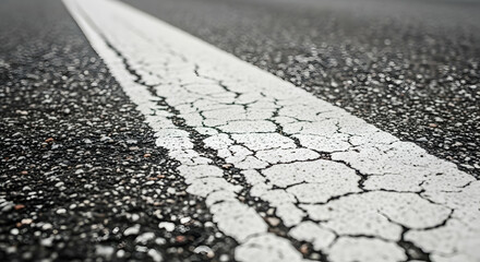 Cracked white line on asphalt road surface indicating need for maintenance and repair