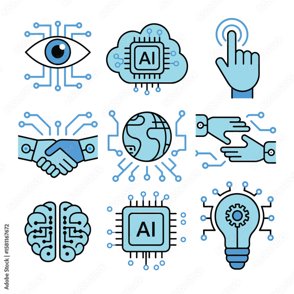 Poster technology icons set featuring computer vision, artificial intelligence, machine learning, robot and