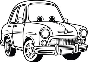 Adorable cartoon car in black and white perfect for coloring books or children's design projects