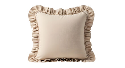 Elegant square decorative pillow in a neutral beige color with a soft, subtle texture and charming ruffled trim, adding a touch of luxury to any home decor design, transparent background