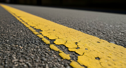 Close Up Of A Yellow Line On A Dark Asphalt Road Surface