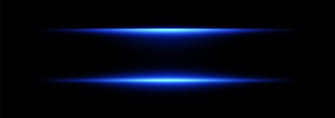 Light neon lines with flare effect. Laser beam glow. Horizontal stripe with bright flash. Vector isolated led radiance on black background. © 2olotarev