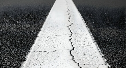 Cracked White Line On Asphalt Road Surface Indicating Wear And Tear Showing Texture