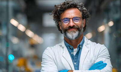 Male doctor standing arms crossed in clinical room wearing lab coat safety glasses and blue gloves