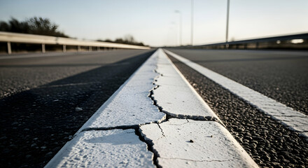 Cracked White Line On Highway Illustrating Infrastructure Failure Concept