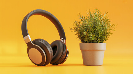 Naklejka premium Stylish black headphones and potted plant on a vibrant yellow background