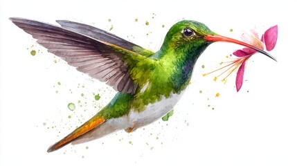 Obraz premium A hummingbird painted in watercolor is set amidst pink flowers on a white background
