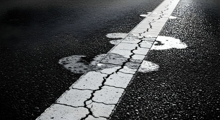 Cracked White Line on Wet Asphalt Road Surface with Puddles and Imperfections Road Damage