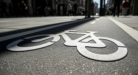 Close up of bicycle lane marking on asphalt road with blurred background in urban area