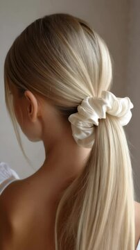 Beautiful long blonde hair styled with a large cream scrunchie for an elegant look