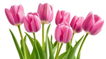 Fototapeta premium Fresh Pink Tulips with Vibrant Green Leaves, Isolated on a White Background