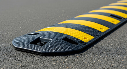 Close Up Of Black And Yellow Striped Traffic Speed Bump On Asphalt Road