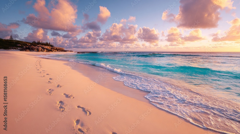 Poster the image of a sandy beach with clouds in the sky and footprints in the sand that stretch along the 