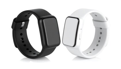 Two identical smartwatches, black and white, on white background