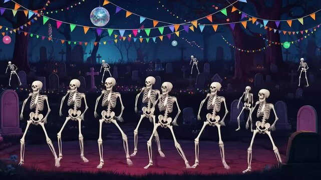 Animated Pixel Skeletons Dancing Cheerfully Against Dark Graveyard Night Scene with Colorful Decorations