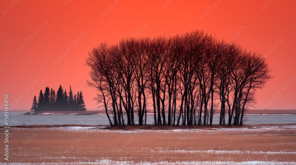 Poster the sun sets behind trees that surround a field of tall grass in the background