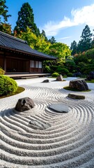 Zen garden with sand patterns, traditional Japanese house, lush greenery