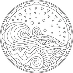 Circular ocean waves with abstract geometric shapes black circle