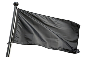 A plain black flag waving gently on a dark flagpole isolated on transparent background