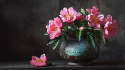 Fototapeta premium Two pink flower-filled vases are stacked, one on top of the other, on a wooden table