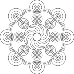Intricate black and white circular pattern with concentric circles and swirling design abstract
