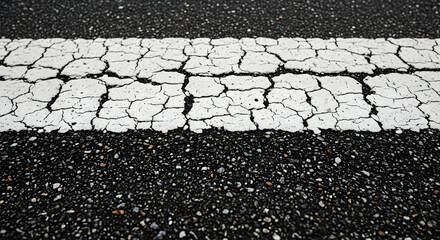 Cracked white road marking line on worn asphalt pavement detail for background texture