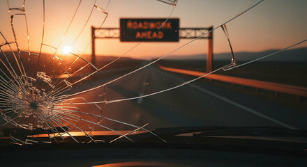 Cracked windshield view with roadwork ahead sign at sunset, symbolizes danger and accidents on the road driving safety