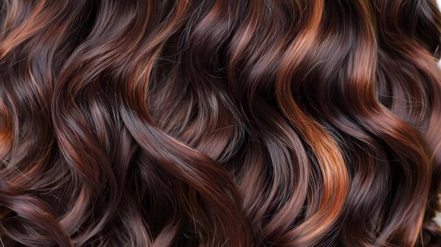 Close up showcasing flowing wavy hair with rich brown tones and subtle highlights reflecting light beautifully