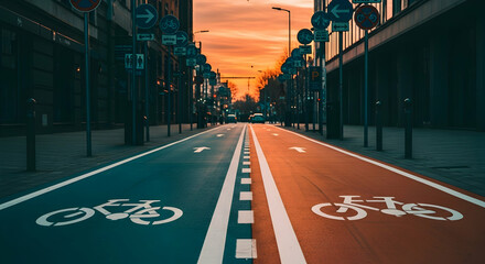 Colorful bike lanes on city street with urban architecture at golden hour sunset