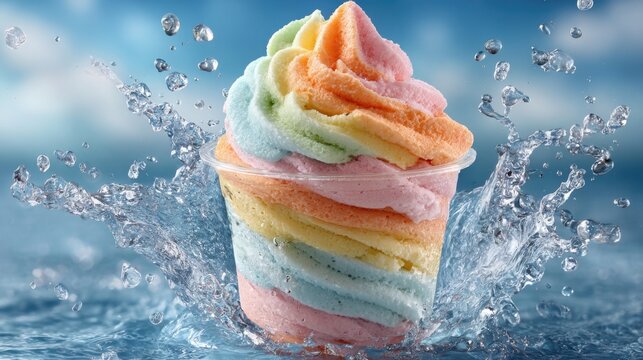 A cup of rainbow ice cream with swirls of pastel colors is splashing into clear water, creating a refreshing and playful atmosphere under a bright sky.