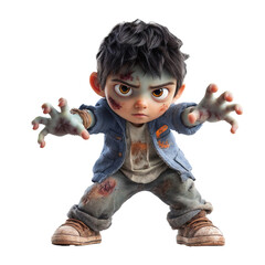 Cute little boy dressed as a cartoon zombie for Halloween. On white background.