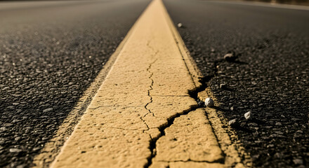 Cracked Yellow Line Marking Asphalt Road Surface Close-Up Perspective