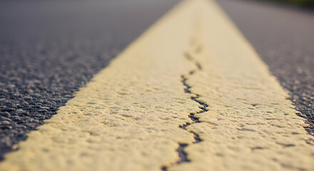 Cracked Yellow Line on Asphalt Road Surface Depicting Wear and Impermanence under Golden Light