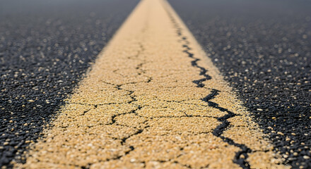 Cracked Yellow Line On Black Asphalt Road Surface Perspective View
