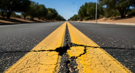 Cracked yellow lines on asphalt road conveying infrastructure issues and maintenance needs along the highway