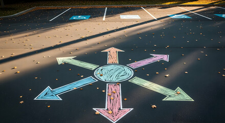 Colorful Chalk Arrows Symbolize Choices, Directions, And Options In Parking Lot