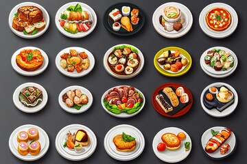 Colorful plates of diverse foods, top-down view