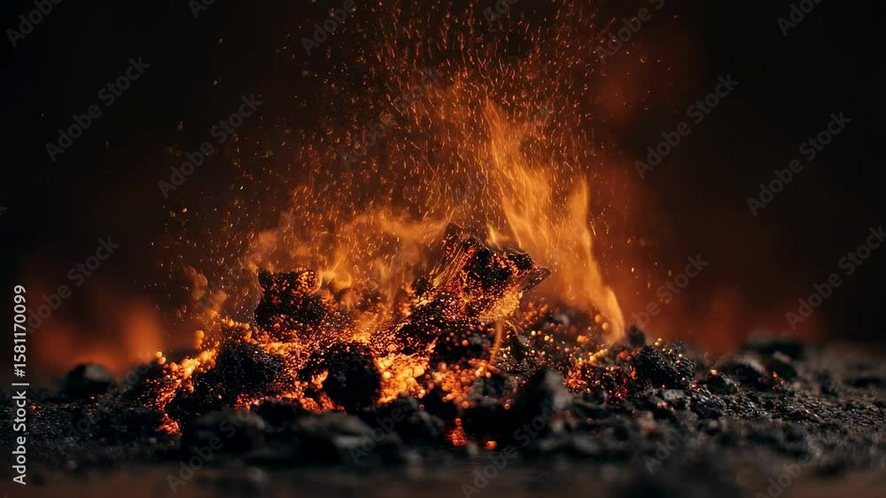 Poster detailed slowmotion capture of charcoal igniting with dynamic flames surging upward against a backdr