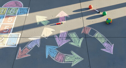 Colorful Chalk Drawings on Sidewalk: Hopscotch Game and Directional Arrows Symbolizing Outdoor Fun