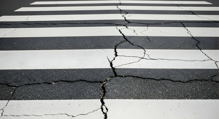 Cracked Zebra Crossing: A Stark Visual of Urban Infrastructure Degradation and Neglect