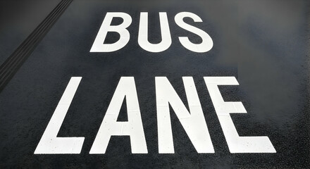 Designated Bus Lane Signage Marking on Dark Asphalt Urban Roadway Surface