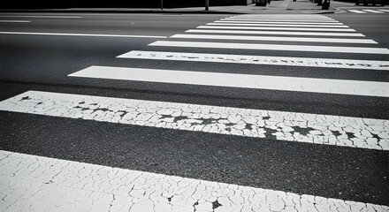 Cracked Zebra Crossing On Asphalt Road In Urban City Monochrome Picture