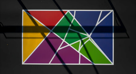 Colorful geometric street art design casting shadows on a dark surface creates an engaging visual