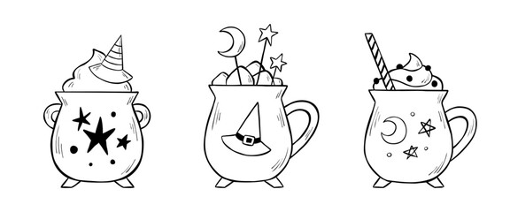 Set of three Witch's cauldron mugs in ink sketch style for Halloween web banner, sticker design, coloring book. Outline vector illustration of cocktail drinks isolated on white background. 
