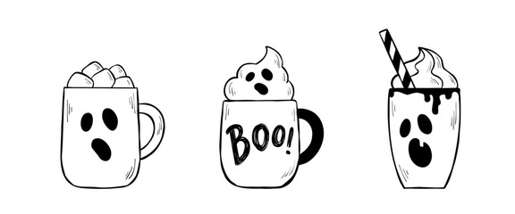 Set of three Halloween cocktail drinks in ink sketch style for web banner, sticker design, coloring book. Line vector illustration of spooky ghost mugs isolated on white background. 
