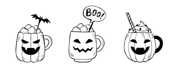 Set of three Halloween drinks in ink sketch style for web banner, coloring book, or sticker design. Outline vector illustration of Jack-o'-lantern mugs isolated on white background. Spooky season.
