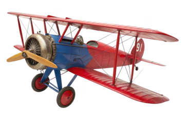 Vintage red and blue biplane with wooden propeller and number 91 isolated on transparent background