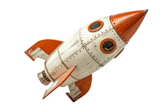 Retro style orange and white rocket ship with round windows isolated on transparent background