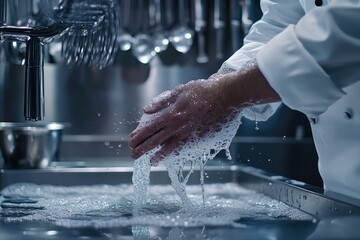Chef's hands washing under running water