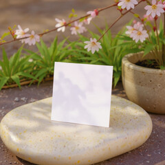 white square card on top of a stone in a flower garden